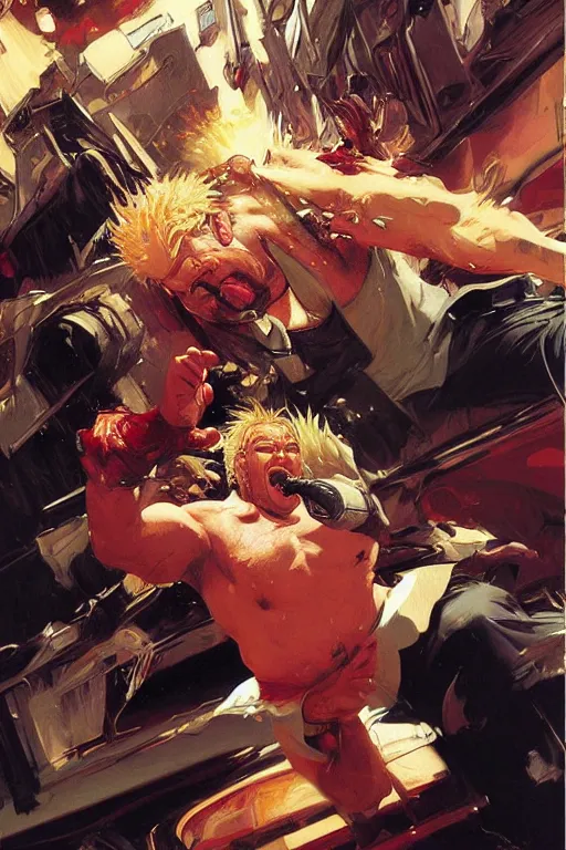 Image similar to guy fieri enraged, fighting gordon ramsay, punching, motion lines, action lines, painting by'phil hale '!!! gaston bussiere, craig mullins, greg rutkowski, alphonse mucha,