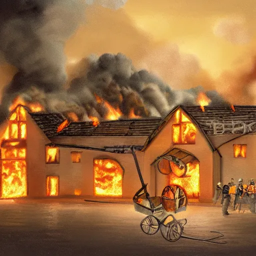 Prompt: french cheese factory on fire, illustration, beautiful, 8 k