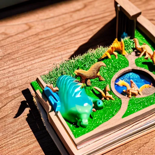 Image similar to dinosaur themed polly pocket playset, sat on a wooden study desk in front of a window, god rays, dust particles, photorealistic, aesthetic shot, worms eye view, macro camera lens, high definition, thematic, cinematic, lens flare