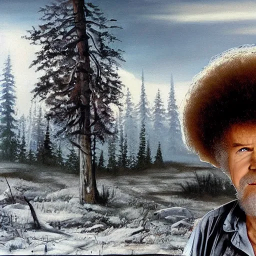 Image similar to bob ross painting a post - apocalyptic scenario