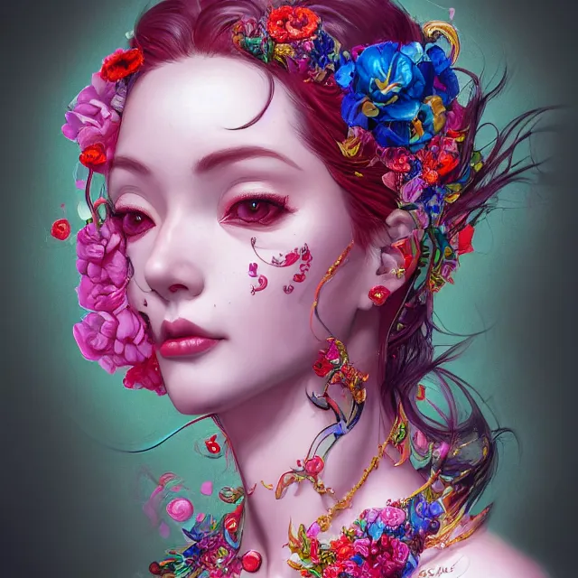 Image similar to studio portrait absurdly beautiful, elegant, lovely, young hypercolorful sensual gravure idol rubies red petals gems, ultrafine hyperrealistic detailed face illustration by kim jung gi, irakli nadar, intricate linework, sharp focus, bright colors, matte, octopath traveler, final fantasy, unreal engine highly rendered, global illumination, radiant light, intricate rainbow environment