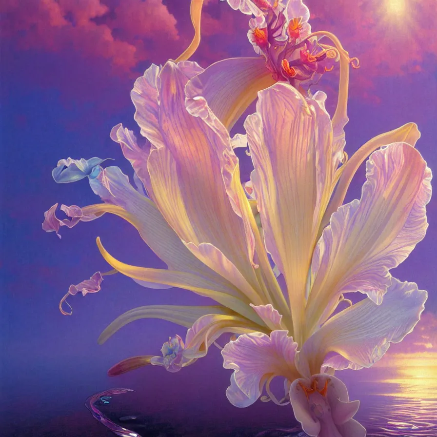 Image similar to detailed giant pastel holographic orchid iris hybrid flower surrounded by ocean waves, lsd water, lsd ripples, droplets, backlit, sunset, refracted lighting, art by collier, albert aublet, krenz cushart, artem demura, alphonse mucha