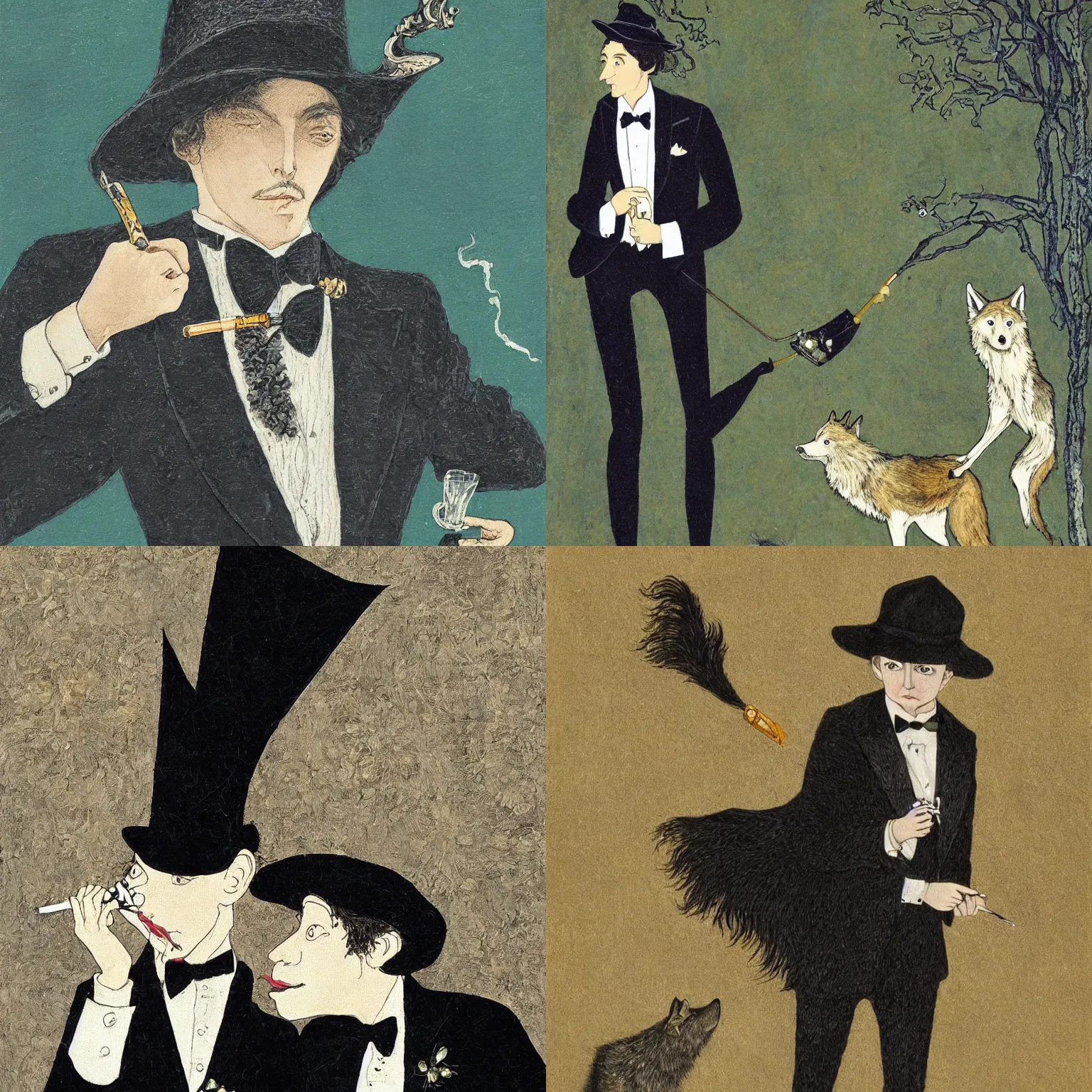 Prompt: portrait of a singular aristocratic wolf!!!!!!!! wearing a tuxedo and smoking an old pipe, in style of ida rentoul outhwaite, closeup, isolated on a textured background