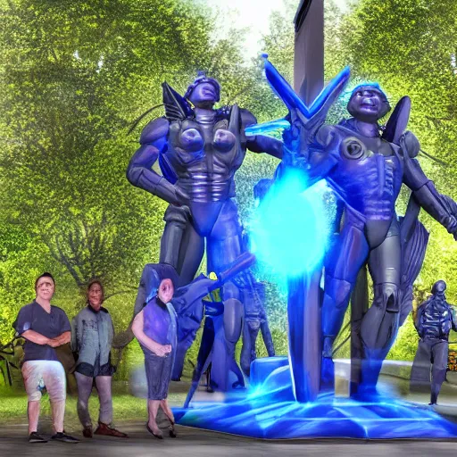 Image similar to zeta cohort gathering in a virtual realm around a huge zeta monument, radiant light, concept art, epic zeta symbol statue, by craig malismo