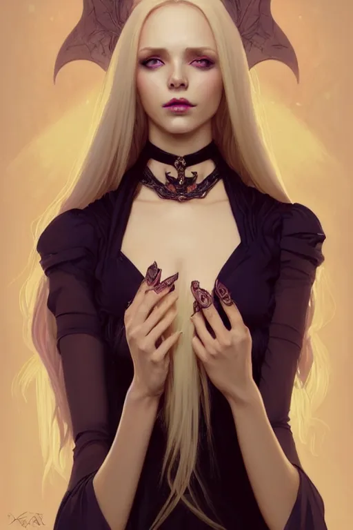 Image similar to Portrait of seductive female necromancer, D&D, revealing stylish dress, choker on neck, long blonde hair, mouth slightly open, slight nerdy smile, fantasy, intricate, elegant, highly detailed, digital painting, artstation, concept art, smooth, sharp focus, illustration, art by artgerm and greg rutkowski and alphonse mucha