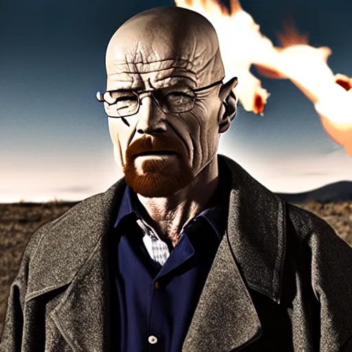 Image similar to a photo of walter white standing in front of a building on fire, highly detailed, 4 k