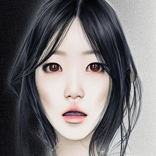 Image similar to portrait of a beautiful korean girl wearing a men's tuxedo, with long hair and bangs, angular features, angry expression, digital art, elegant pose, detailed illustration