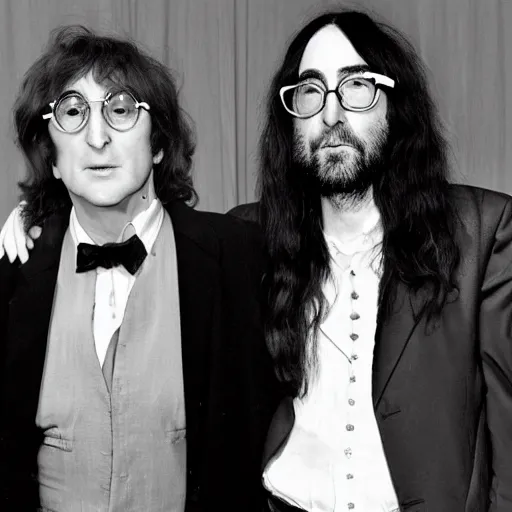 Image similar to 80-year old John Lennon and 45 year-old Sean Lennon posing together