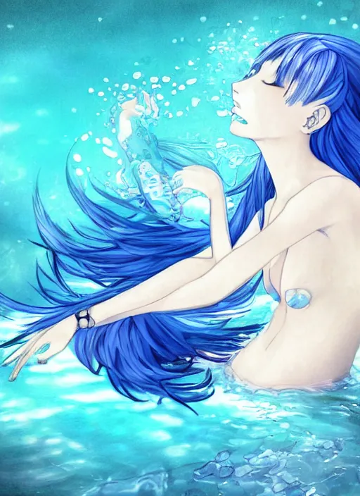 Image similar to a woman with blue hair sitting underwater, a beautiful anime drawing by yuumei, featured on pixiv, pixiv, seapunk, very anime anime!! detailed