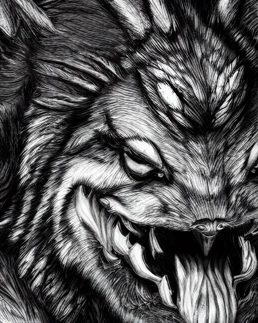 Image similar to A minotaur wolf, black and white, epic, highly detailed face, close-up, fantasy art, dragon art, in the style of masami kurumada, illustration, epic, fantasy, intricate, hyper detailed, artstation, concept art, smooth, sharp focus, ray tracing