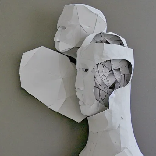 Prompt: love emerging in artificial intelligence. studio. papier - mache