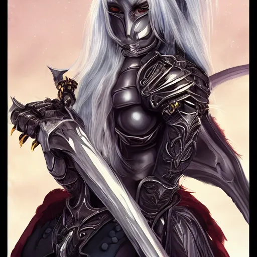 Image similar to character portrait of demon knightess in the style of WLOP, trending on artstation, digital painting, fantasy, intricate, highly detailed, concept art, smooth, sharp focus, illustration