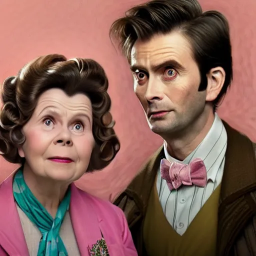 Prompt: david tennant and imelda staunton as dolores umbridge in pink clothes with the tenth doctor who, highly detailed, artstation, concept art, fantasy, smooth, sharp focus, illustration, perfect face, art by nikolay makovsky, jacek malczewski, arthur hughes, edward okun, franz xaver winterhalter