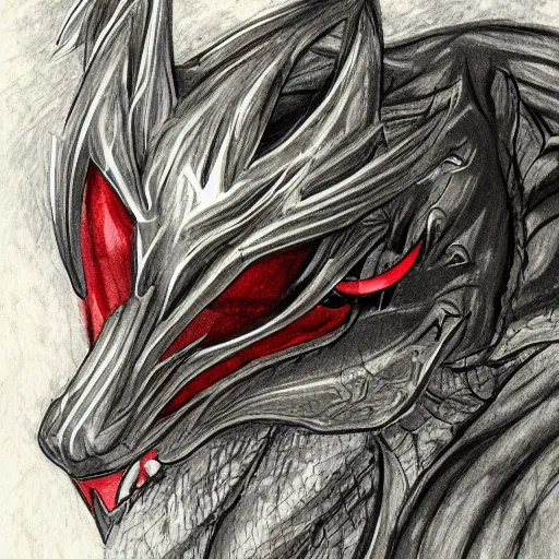 Prompt: anthropomorphic silver dragon, headshot profile picture, cute ears, large red eyes, male, commission on furaffinity, sketch drawing