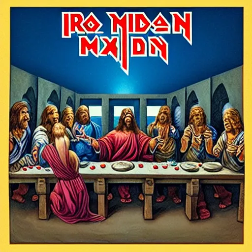 Prompt: the last supper, iron maiden cover album, with undeads