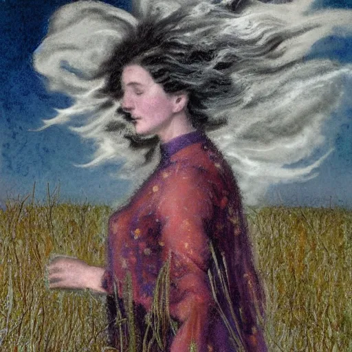 Image similar to 4 k resolution by abbott fuller graves ghostly, bold. a mixed mediart of a woman standing in a field of ashes, her dress billowing in the wind. her hair is wild & her eyes are closed, in a trance - like state. dark & atmospheric, ashes seem to be alive, swirling around.