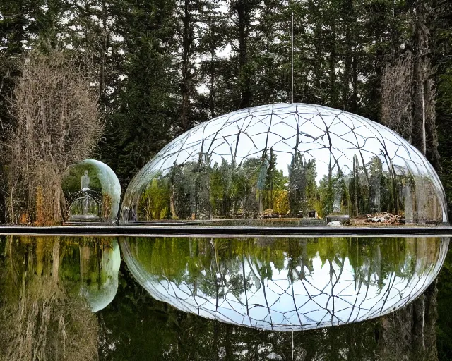 Prompt: pagan glass dome structure with occult windchimes surrounded with alien forest trees and a pond with reflection