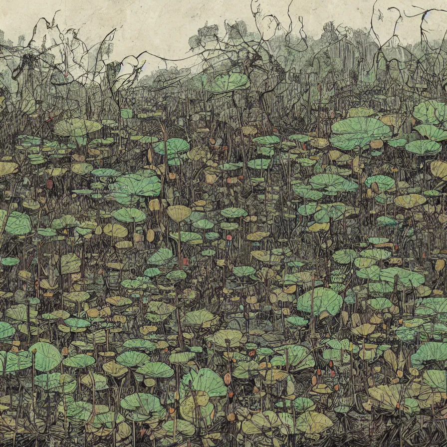Prompt: Artwork illustrating a large swamp full of withered lotus plants.