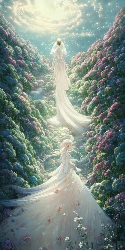 Image similar to the beautiful hyper detailed of a rose wedding dress clothing design display in the fairyland surrounded by white clouds, in the style of makoto shinkai victo ngai and peter mohrbacher studio ghibli artgerm karol bak beeple, animation style, 8 k hd, dream, ultra wide angle, animation style, 3 drender, hyperdetailed