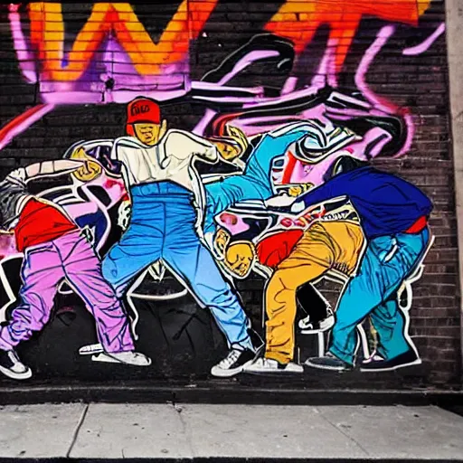 Image similar to four breakdancers battling in the bronx in 1984, by Andy Warhol, gritty, energetic, hyperrealistic, intricate graffiti, Moody lightning, trending on artstation