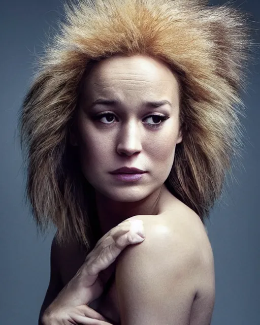 Image similar to annie leibovitz striking headshot of brie larson in rick baker makeup as an anthropomorphic beautiful lioness : hyperreal