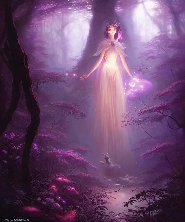 Image similar to ultra detailed, magical realism, portrait painting, of the beautiful empress within the enchanted glowing purple forest, volumetric lighting, depth of field, illusion, intricate details, by greg rutkowski, peter mohrbacher and peter coulson