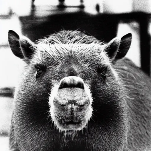 Prompt: criminal mugshot of an capybara, black and white, 1970s photo