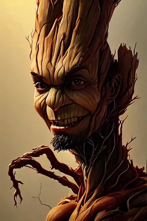 Image similar to Virat Kohli as Groot, Groot costume, Virat Kohli Face, cute, portrait, masculine figure, highly detailed, digital painting, artstation, concept art, smooth, sharp focus, illustration, cinematic lighting, art by artgerm and greg rutkowski and alphonse mucha