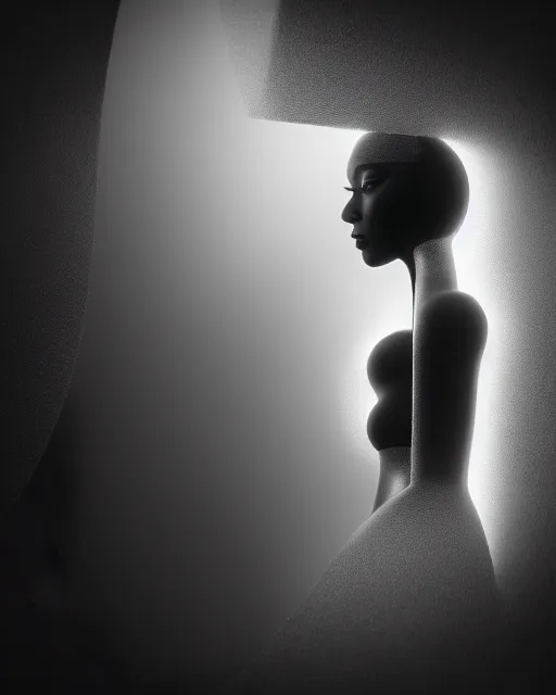 Image similar to black and white high quality photo of a female AI-queen-dragon-meshes-cyborg-doll looking into a sci-fi mirror, volumetric lighting, brutalism, foggy, dreamy, hyperdetailed, bokeh, photorealistic, cinematic, masterpiece, elegant, dark, in the style of Man Ray, octane render, 8K,