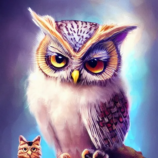 Image similar to a wise owl and a cute kitten, digital art, concept art, gemmy woud binnendijk, nixeu, artgerm