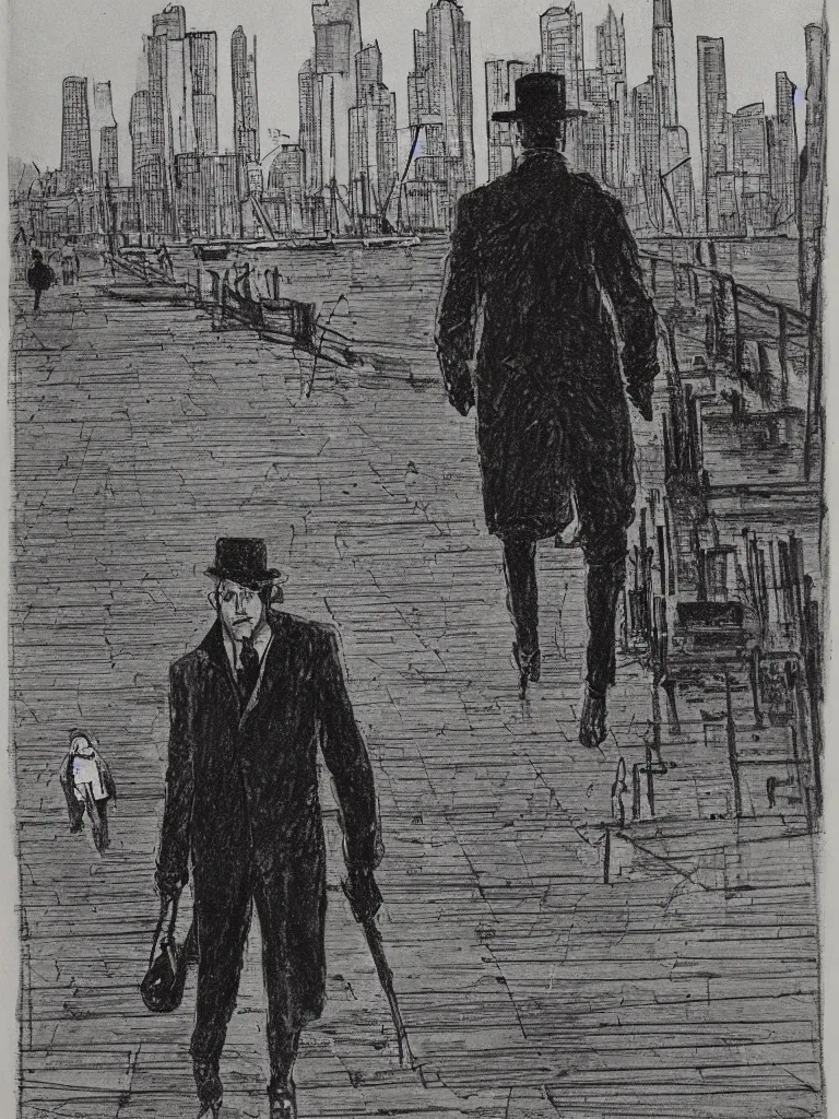 Prompt: a detective walking down the docks, city skyline in the background, by hugo pratt