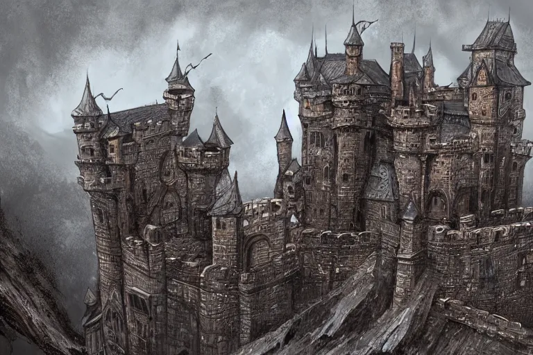 Image similar to A big keep overlooking the castle below it, metal, iron, texture, intricate, details, highly detailed, masterpiece, architecture, building, trending on artstation, focus, sharp focus, concept art, digital painting, fantasy, D&D, tabletop, rpg, roleplay