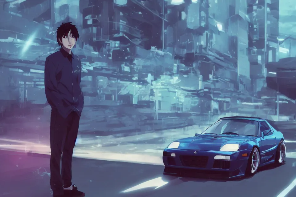 Prompt: aesthetic illustration of ryosuke takahashi with black hair wearing a dark blue shirt standing near white mazda rx 7 on an empty highway at dusk, cinematic lighting, initial d anime 1 0 8 0 p, detailed anime face, high detail, 9 0 s anime aesthetic, volumetric lights, unreal engine 5 render, pinterest wallpaper, trending on artstation