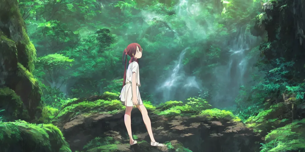 Image similar to anime girl looking into large cave entrance in a lush forest with waterfalls, fireflies, desaturated, beautiful ambiance, studio ghibli style, by hayao miyazaki, sharp focus, highly detailed, 4k