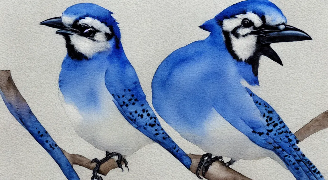 Prompt: watercolor painting of a bluejay crossed with a raven, beautiful,