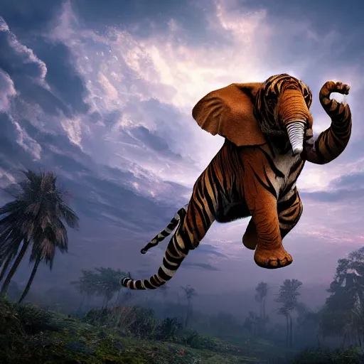 Image similar to beautiful tiger elephant leaping through the sky, epic composition, hyper detailed, digital art, trending in artstation, cinematic lighting, studio quality, unreal engine 5 rendered, art style by klimt and nixeu and ian sprigger and wlop and krenz cushart