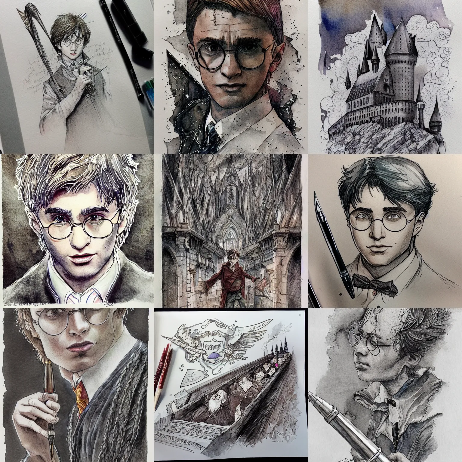 Image similar to beautiful aesthetic inspirational masterful professional ink pen and watercolor sketch of harry potter school of wizardry, ultra detailed, fine details, trending on artstation, high quality paper