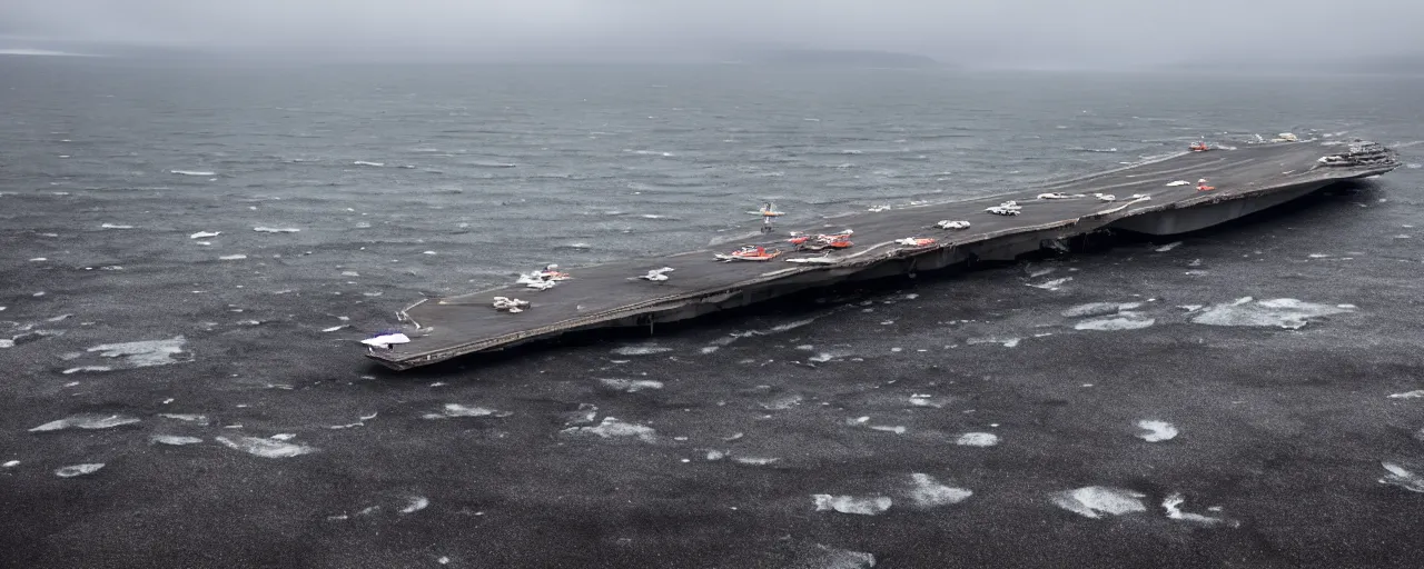 Prompt: low angle cinematic shot of abandoned aircraft carrier submerged in the middle of an endless black sand beach in iceland, rivers