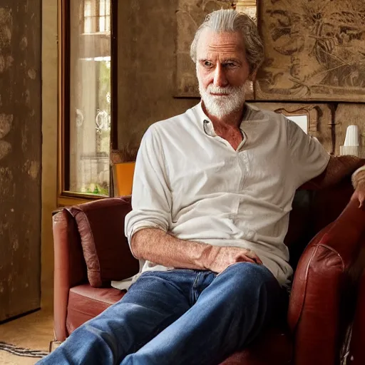 Image similar to cozy wide picture of older handsome lord richard is sitting gracefully on a sofa, his eyes look wise, happy wise. oh he is a human by the way, wear's beige shirt, has firm skin and bouncy belly