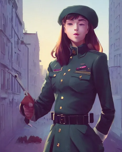 Image similar to young woman with shoulder length light brown hair and hazel eyes dressed in a sharp dark teal military uniform and beret, smiling, blurred city background in twilight lighting, ilya kuvshinov, greg rutkowski, guweiz, ross tran, loish, svetlana tigai, artgerm, artstation trending, concept art, digital painting