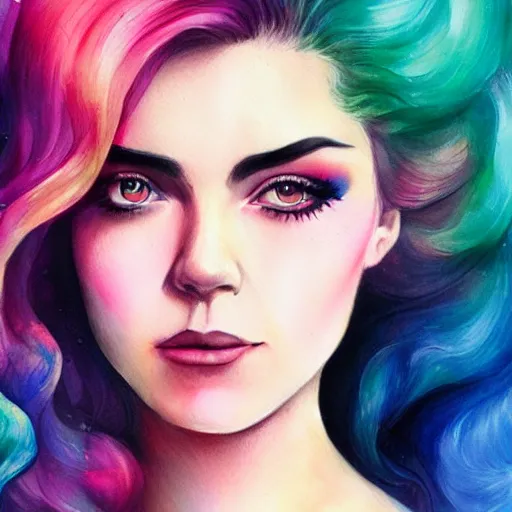 Image similar to marina diamandis, trending on arstation, by vanessa lemena dn charlie bowater, colorful pastels watercolor artwork painting