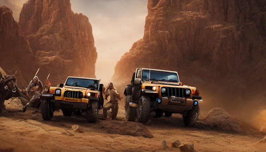 Image similar to Mahindra thar, tribe members attacking, action scene, an epic fantasy, dramatic lighting, cinematic, establishing shot, extremely high detail, photorealistic, cinematic lighting, artstation, matte painting, by christopher nolan, horizon forbidden west