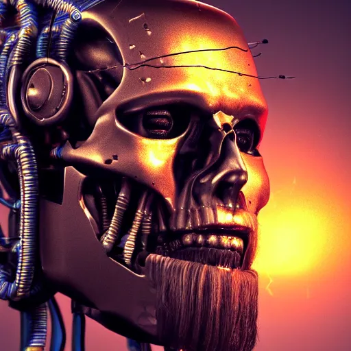 Prompt: portrait of Jesus that is half terminator robot and half skull with wires hanging from the face ,wetcore, ultrarealistic, insane details, highly detailed, particles, octane render, hdr, dynamic lighting , 8k, photorealistic, hyperrealistic, volumetric lightning, particles, atmospheric