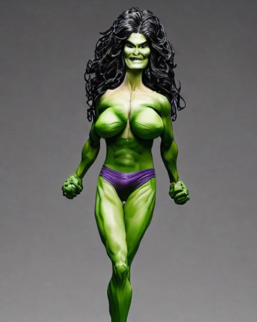 Prompt: cu of a maquette sculpture of angie harmon as the sensational she hulk, she is wearing a silk lace white top and a purple skirt, she is tall, very fit and extremely muscular, she has green skin all over her body, long black shiny hair, hyperreal, highly detailed, in the style of sideshow collectibles, the hulk, marvel, soft focus, bokeh