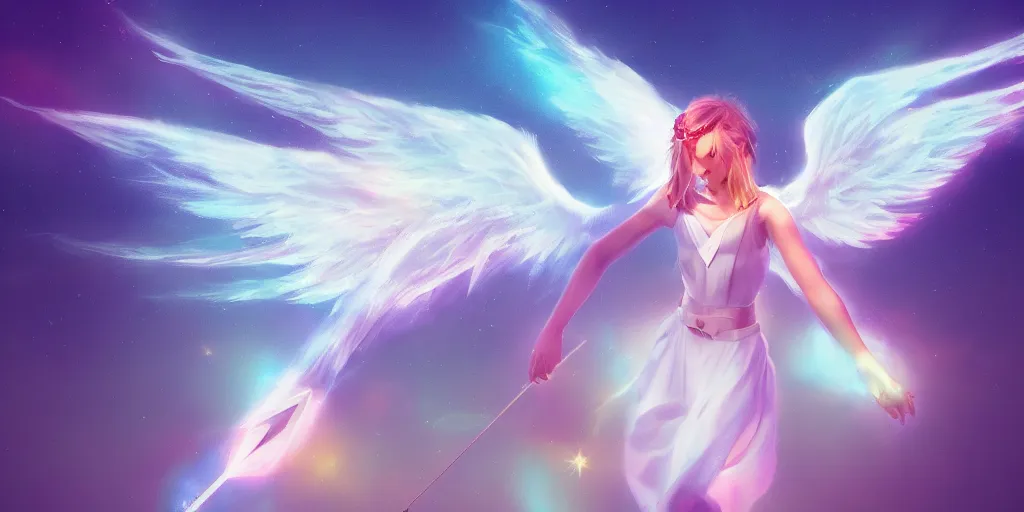 Image similar to An angel with white wings shooting a bright arrow to create flowers on a plain, trending on artstation, heavenly colors, volumetric lighting