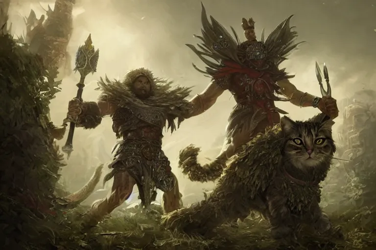 Image similar to a muscular tunesian man wearing shrubbery armor fighting a fluffy cat king with a crown and a scepter and cape, fantasy, digital painting, volumetric light, intricate, sharp, focus, bloom, illustration, highly detailed, concept art, matte, ruan jia, randy vargas, greg rutkowski