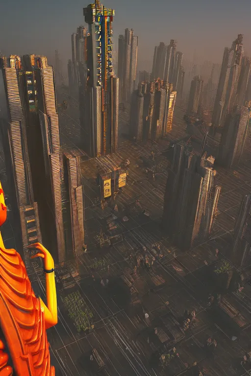 Prompt: high quality 3 d render cyberpunk mumbai!, kalighat! hanuman head highly detailed, cinematic smooth unreal engine, lee madgwick & yuto yamada, hard morning light, long shot, low angle, uhd 8 k, sharp focus