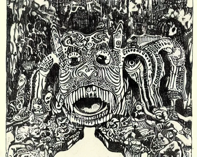 Image similar to surreal b & w nightmarish garden las pozas, mayan jaguar warrior, ink by frank miller and jose guadalupe posada, crayon and cut up, punk fanzine 1 9 6 7