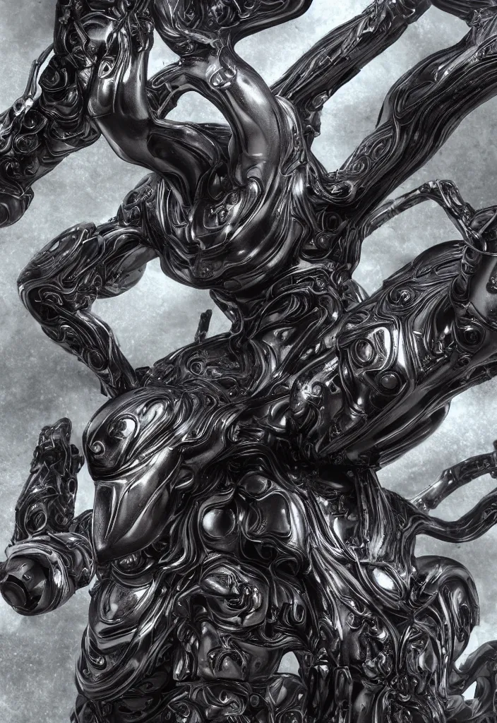 Image similar to engineer prometheus, xenomorph alien, highly detailed, symmetrical long head, smooth marble surfaces, detailed ink illustration, raiden metal gear, cinematic smooth stone, deep aesthetic, concept art, post process, 4k, carved marble texture and silk cloth, latex skin, highly ornate intricate details, prometheus, evil, moody lighting, hr geiger, hayao miyazaki, indsutrial Steampunk