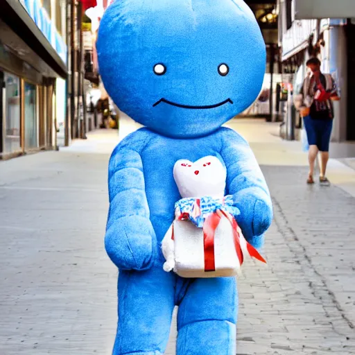 Image similar to blue'snappy gifts'human - sized plush doll, on sidewalk, holding gift, happy atmosphere, high detail, soft lighting, 8 k